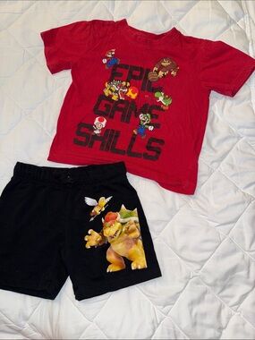 4T Super Mario bros Red Super Mario 'Epic Game Skills' Tee Black Bowser Shorts